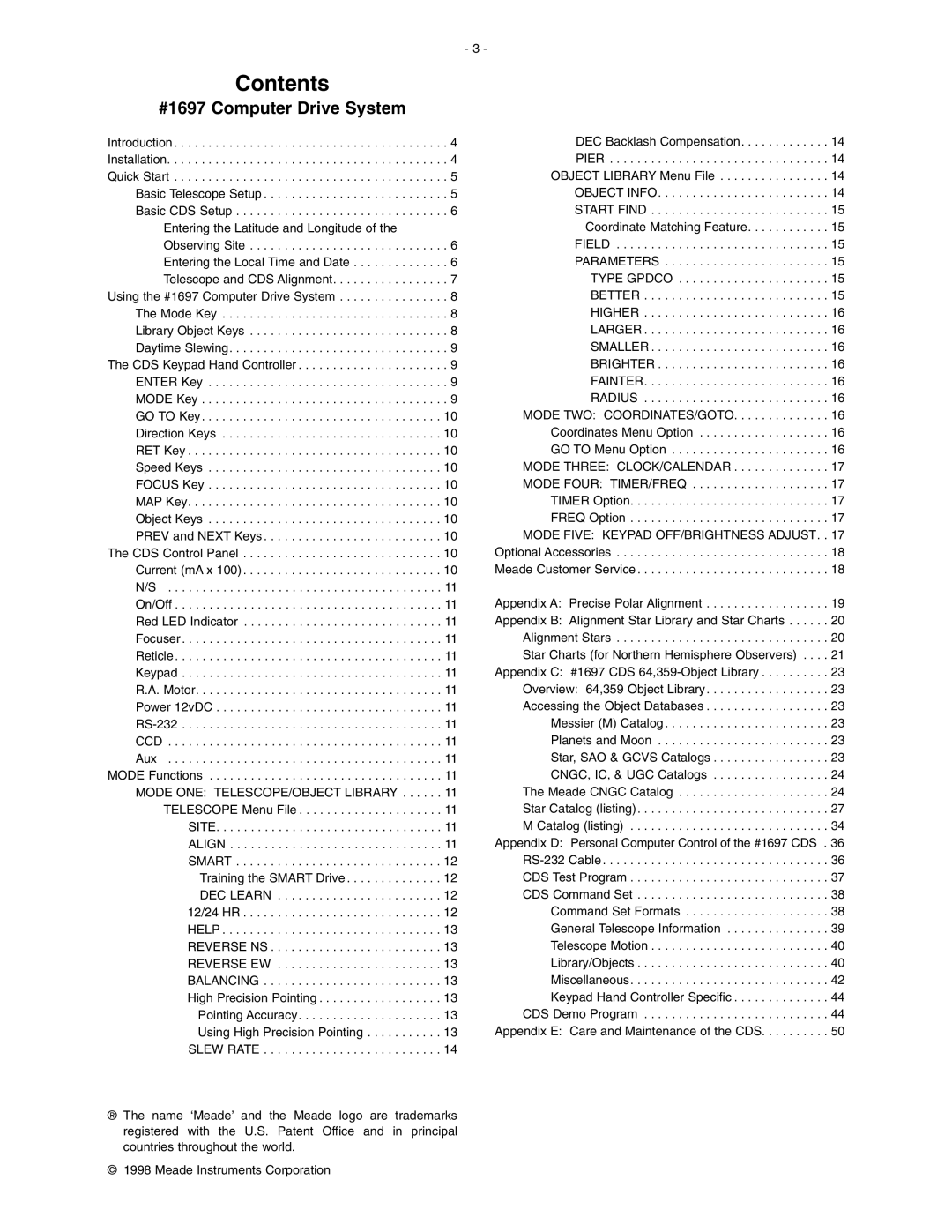 Meade LXD 650, LXD 750 instruction manual Contents 