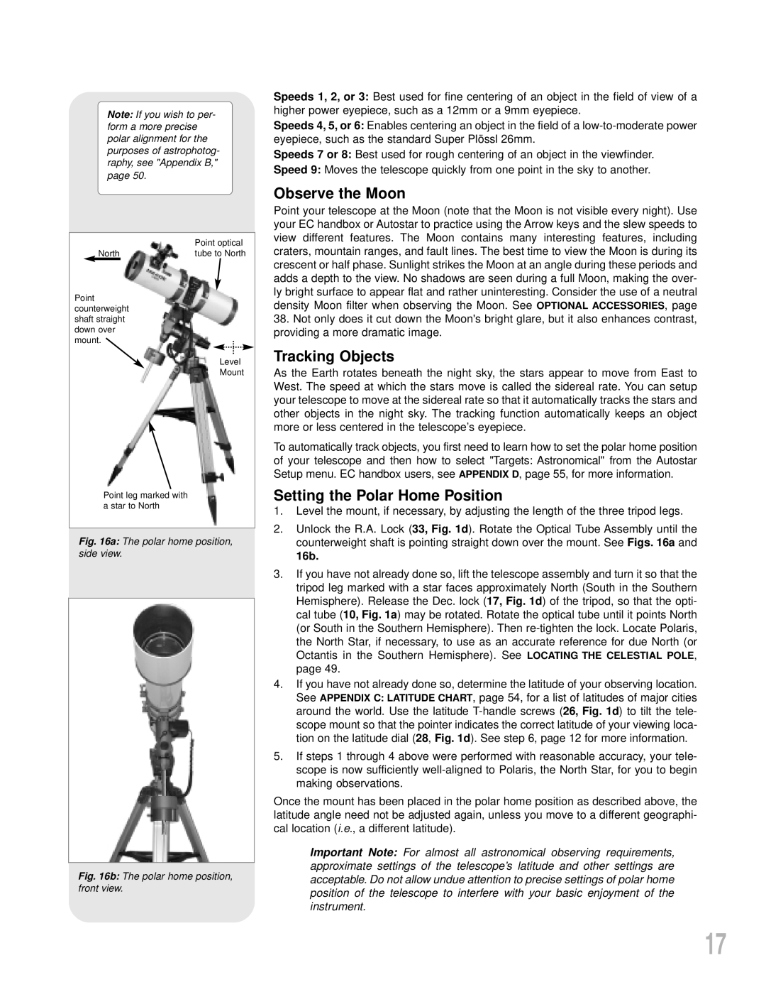 Meade LXD55 instruction manual Observe the Moon, Tracking Objects, Setting the Polar Home Position 