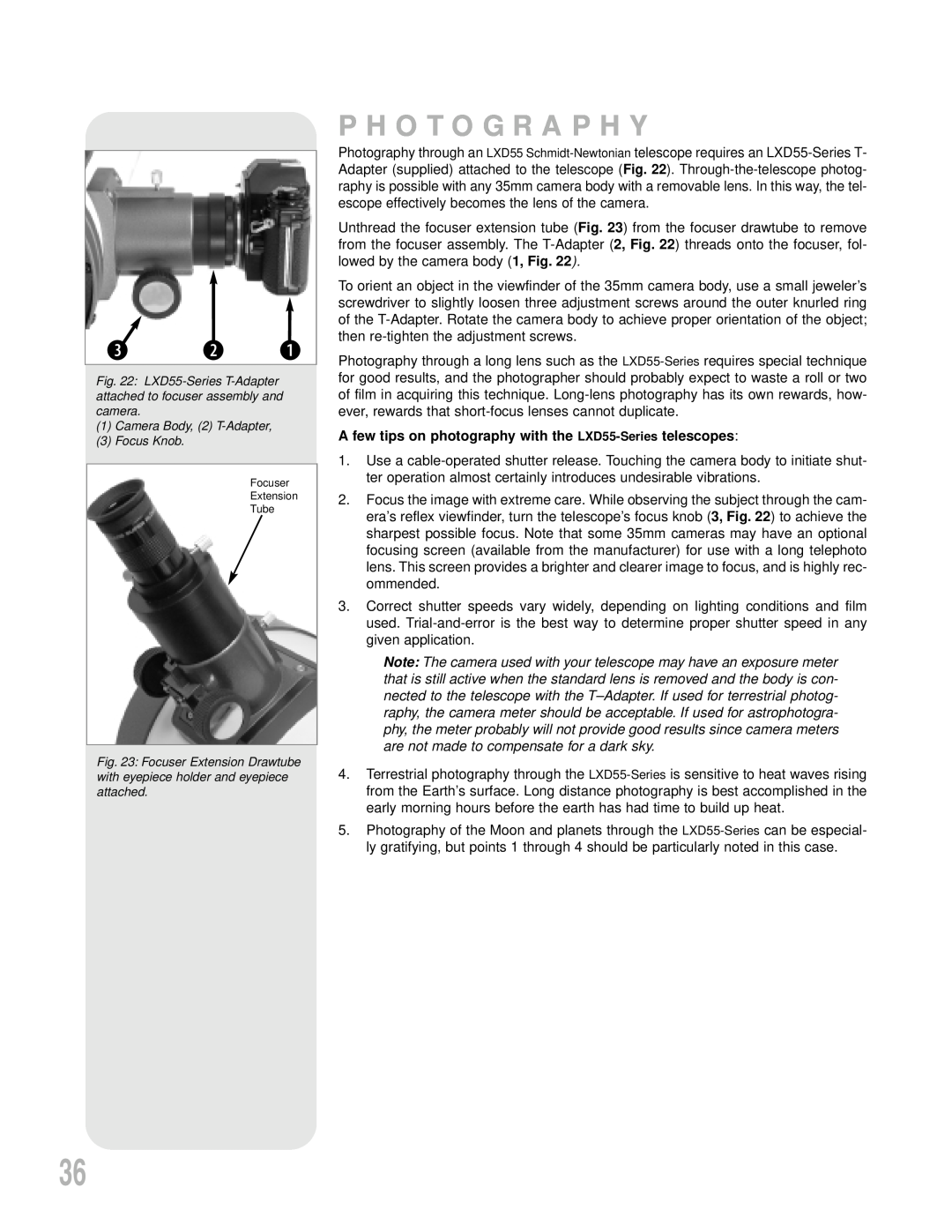 Meade instruction manual d C B, Photography, A few tips on photography with the LXD55-Series telescopes 