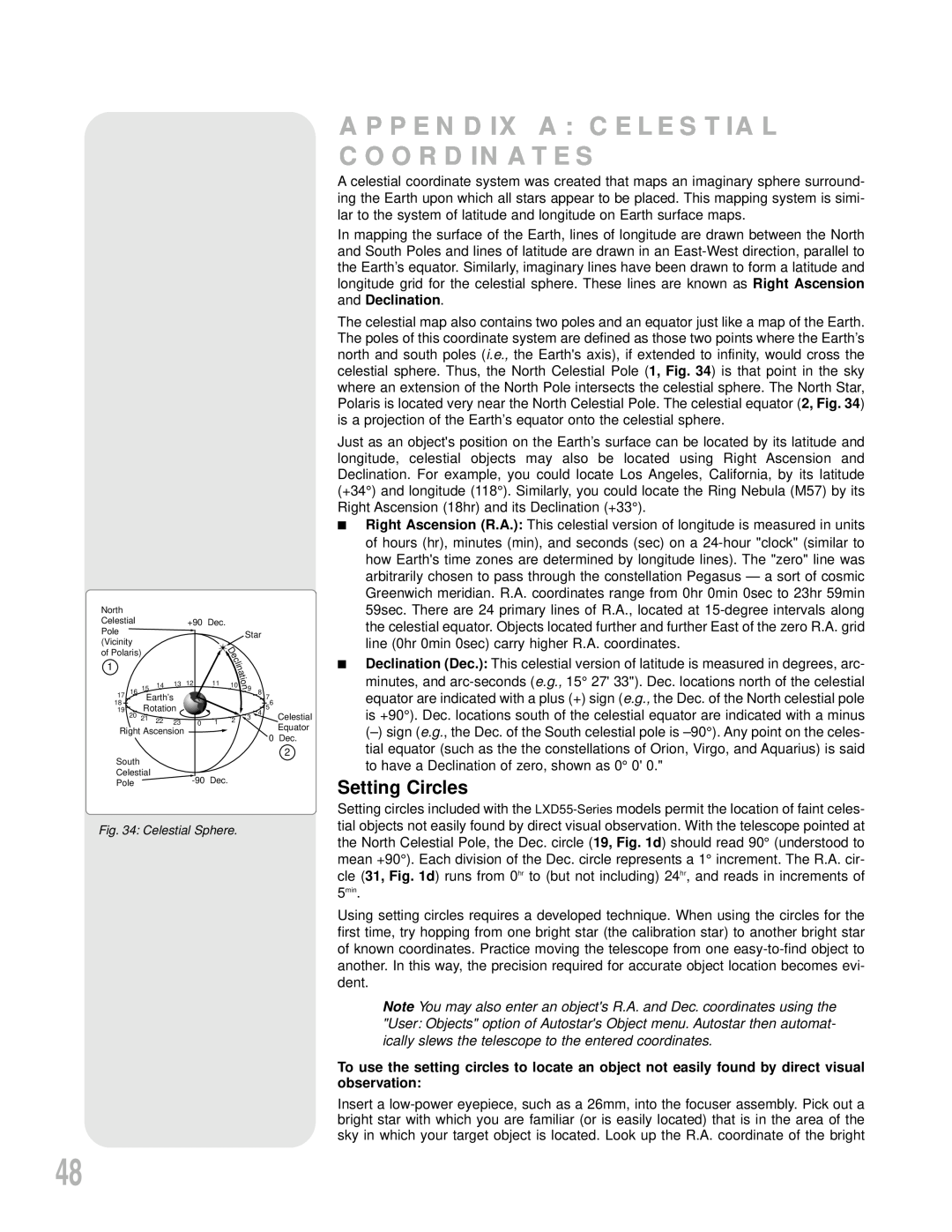 Meade LXD55 instruction manual Appendix A Celestial Coordinates, Setting Circles 
