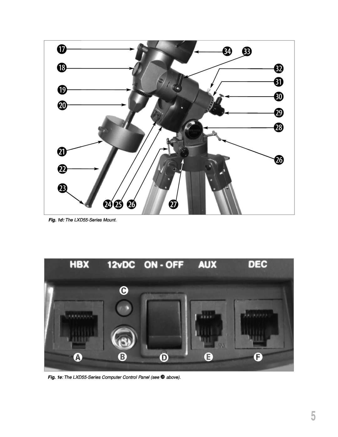 Meade instruction manual 2$2%, d The LXD55-Series Mount, e The LXD55-Series Computer Control Panel see 2$ above 