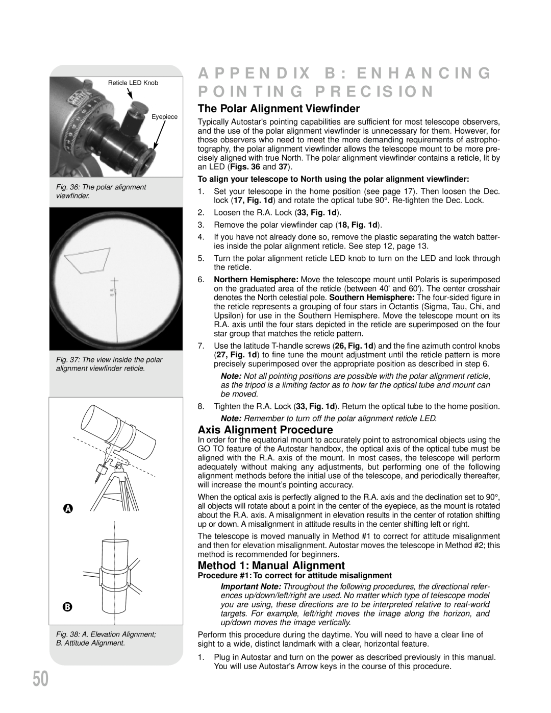 Meade LXD55 instruction manual The Polar Alignment Viewfinder, Axis Alignment Procedure, Method 1 Manual Alignment 