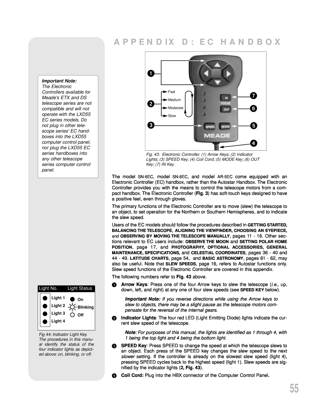 Meade LXD55 instruction manual Appendix D Ec Handbox, Light No, Light Status 