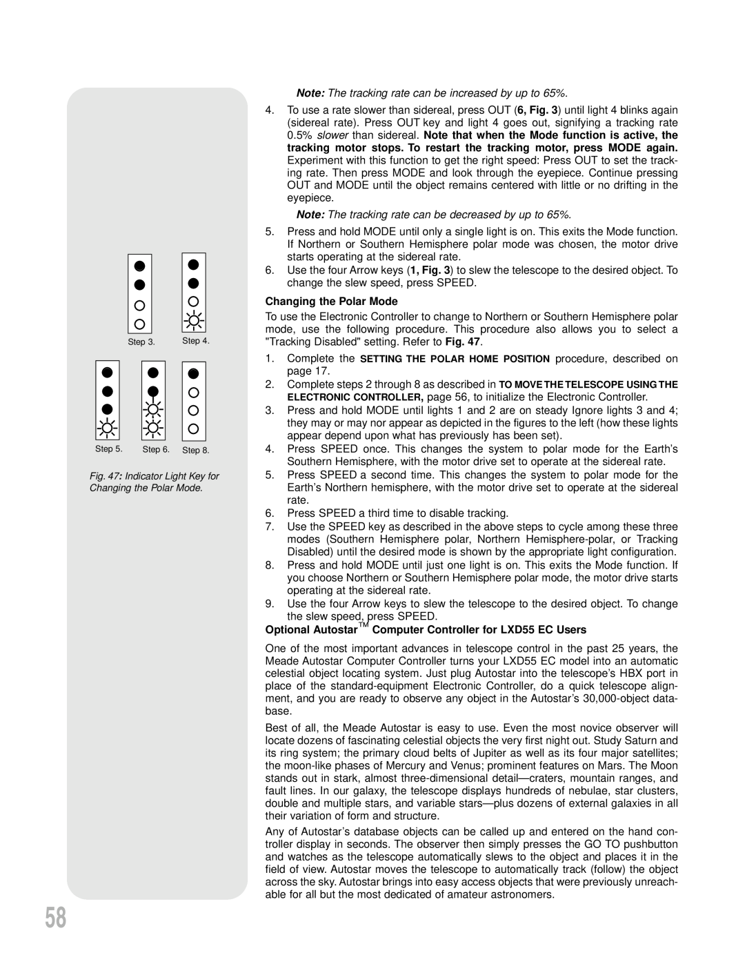 Meade instruction manual Changing the Polar Mode, Optional Autostar Computer Controller for LXD55 EC Users 