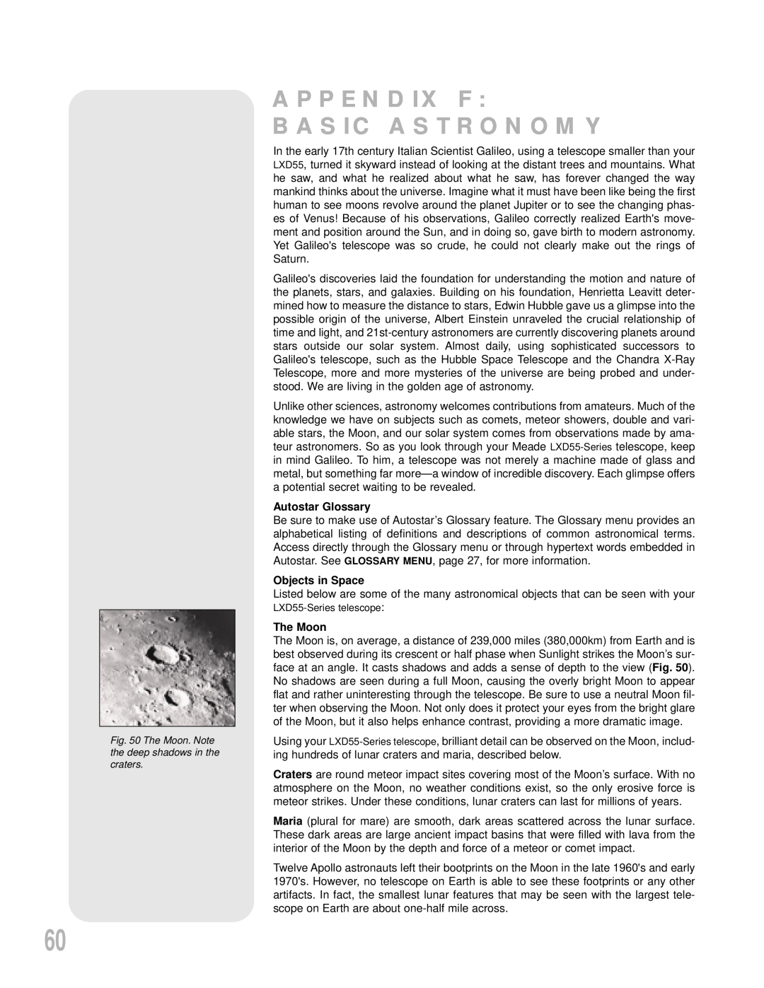 Meade LXD55 instruction manual Appendix F Basic Astronomy, Autostar Glossary, Objects in Space, The Moon 