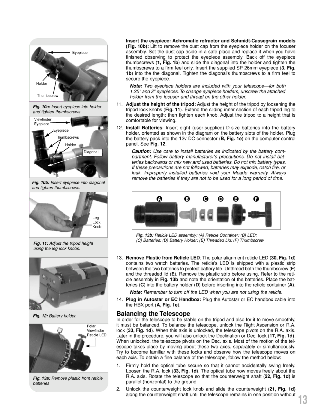 Meade LXD55 instruction manual Balancing the Telescope, Insert eyepiece into holder and tighten thumbscrews 