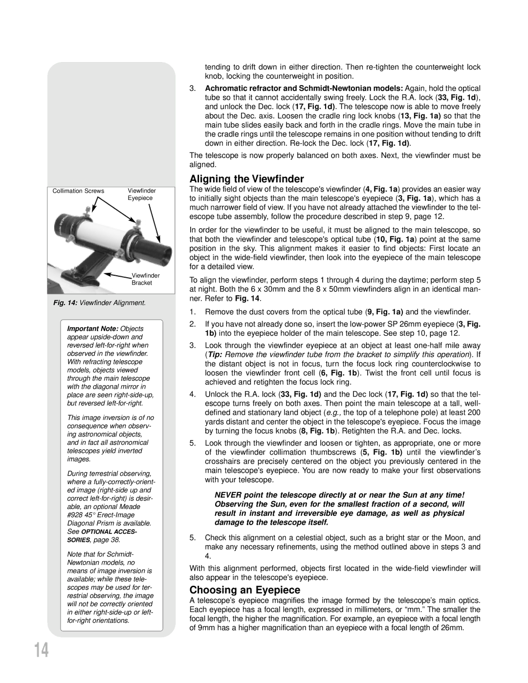 Meade LXD55 instruction manual Aligning the Viewfinder, Choosing an Eyepiece 