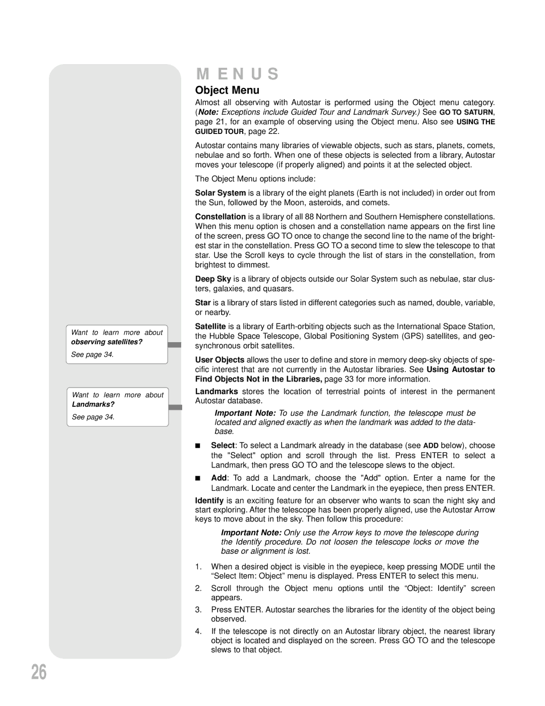 Meade LXD55 instruction manual Menus, Object Menu 