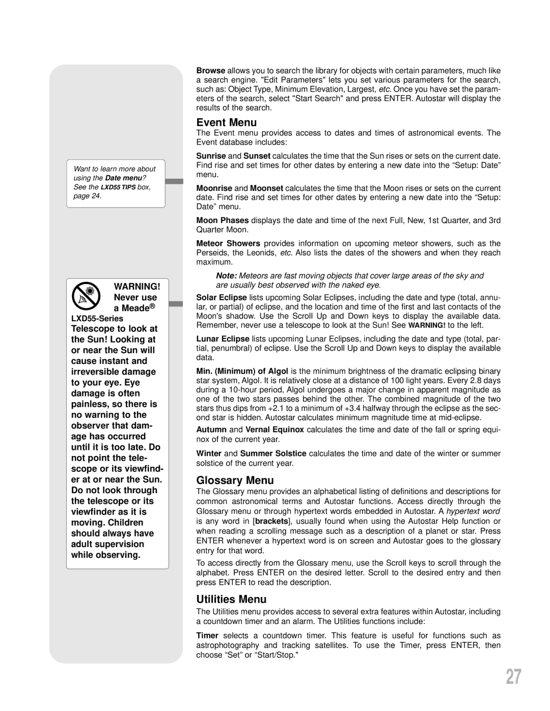 Meade instruction manual Event Menu, Glossary Menu, Utilities Menu, LXD55-Series 