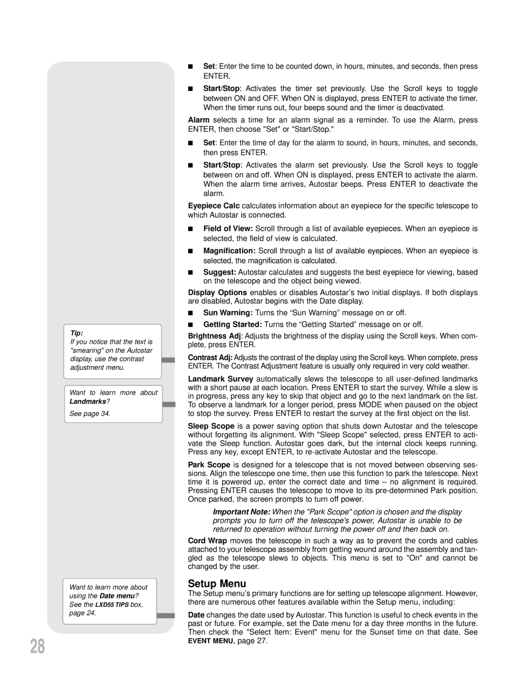 Meade LXD55 instruction manual Setup Menu, Enter 