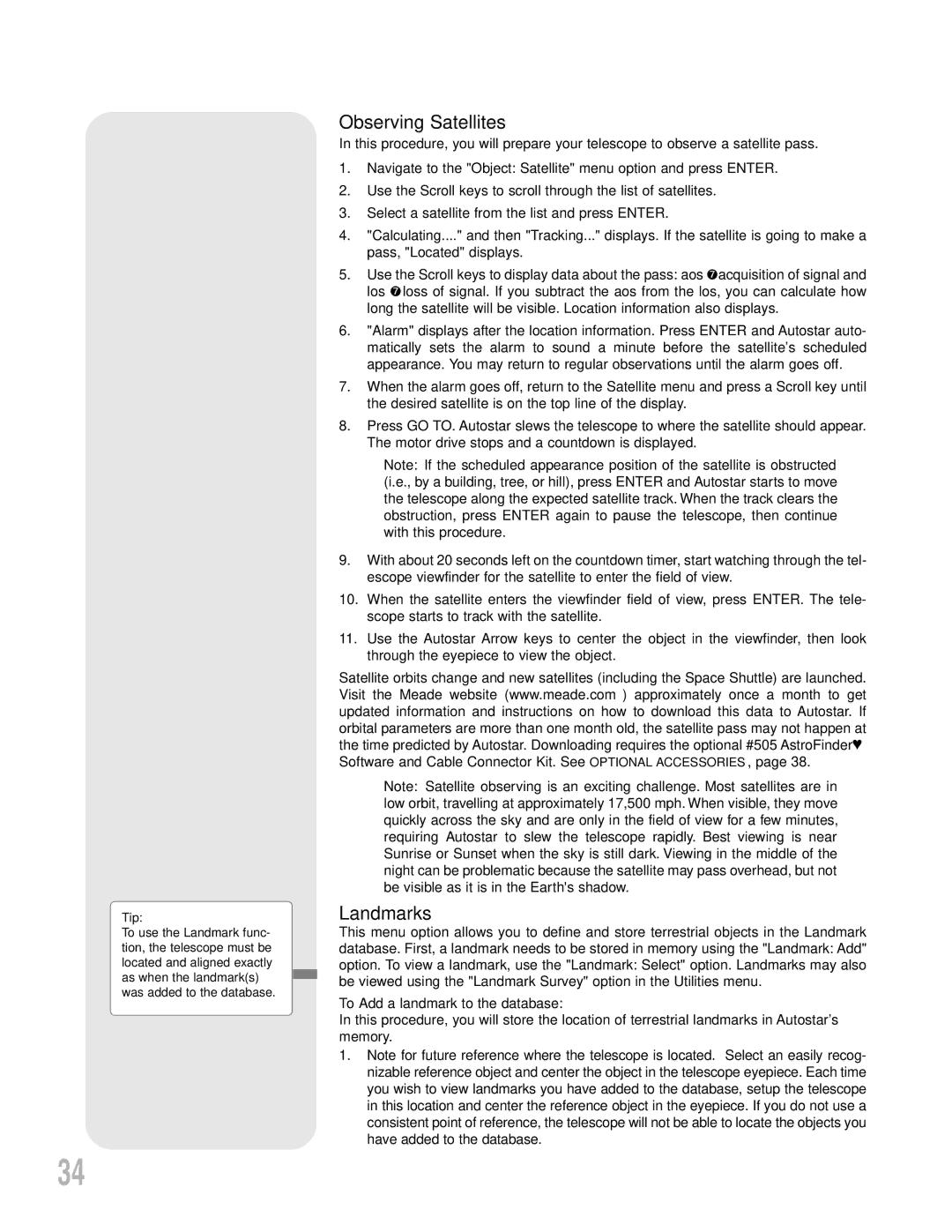 Meade LXD55 instruction manual Observing Satellites, Landmarks, To Add a landmark to the database 