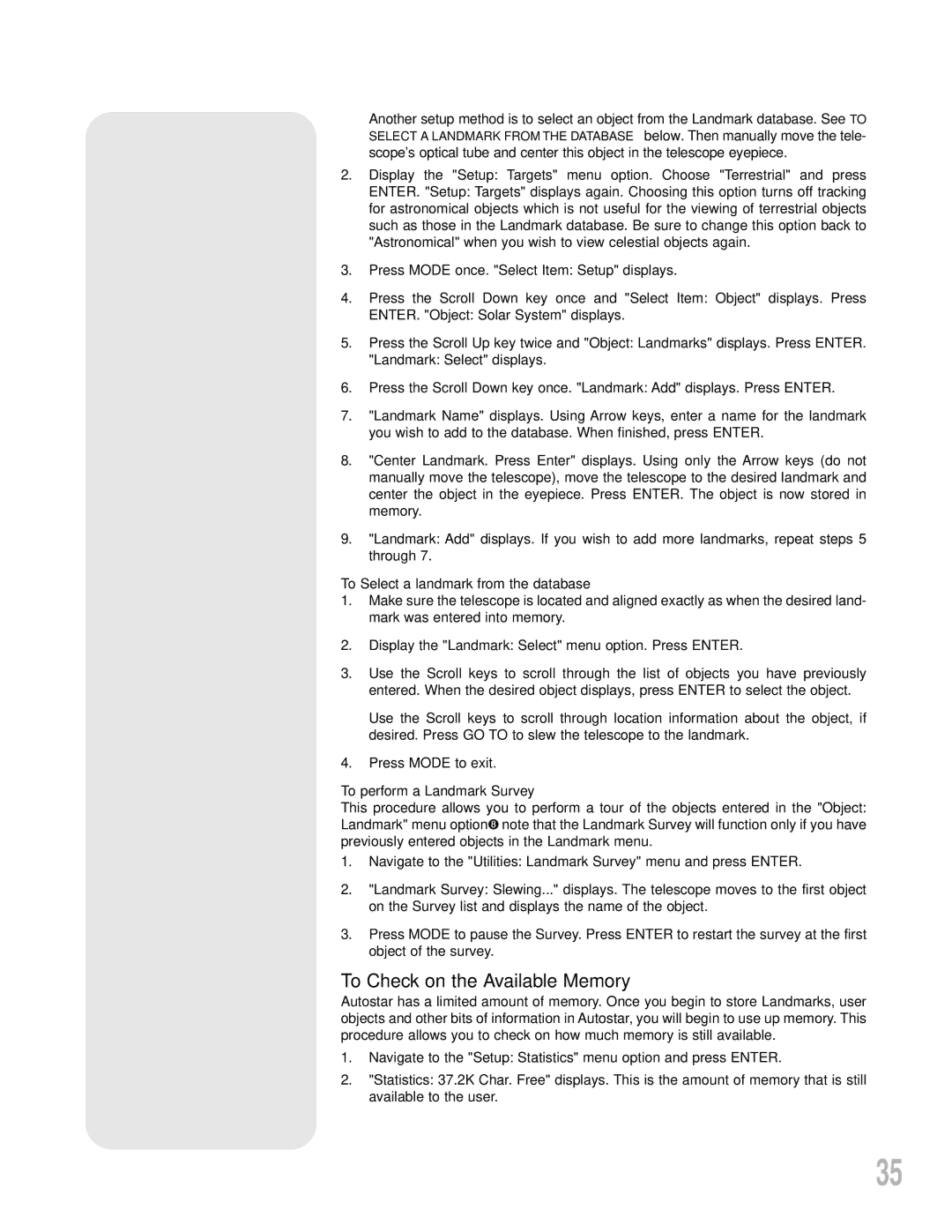 Meade LXD55 To Check on the Available Memory, To Select a landmark from the database, To perform a Landmark Survey 