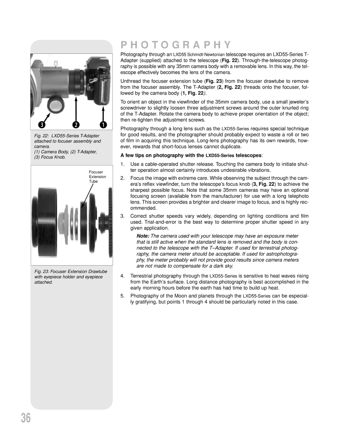 Meade instruction manual Photography, Few tips on photography with the LXD55-Seriestelescopes 