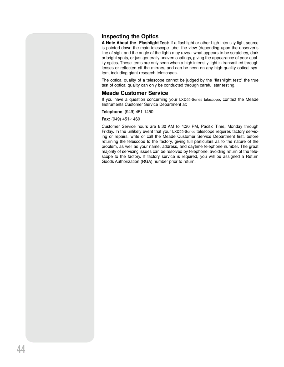 Meade LXD55 instruction manual Inspecting the Optics, Meade Customer Service 