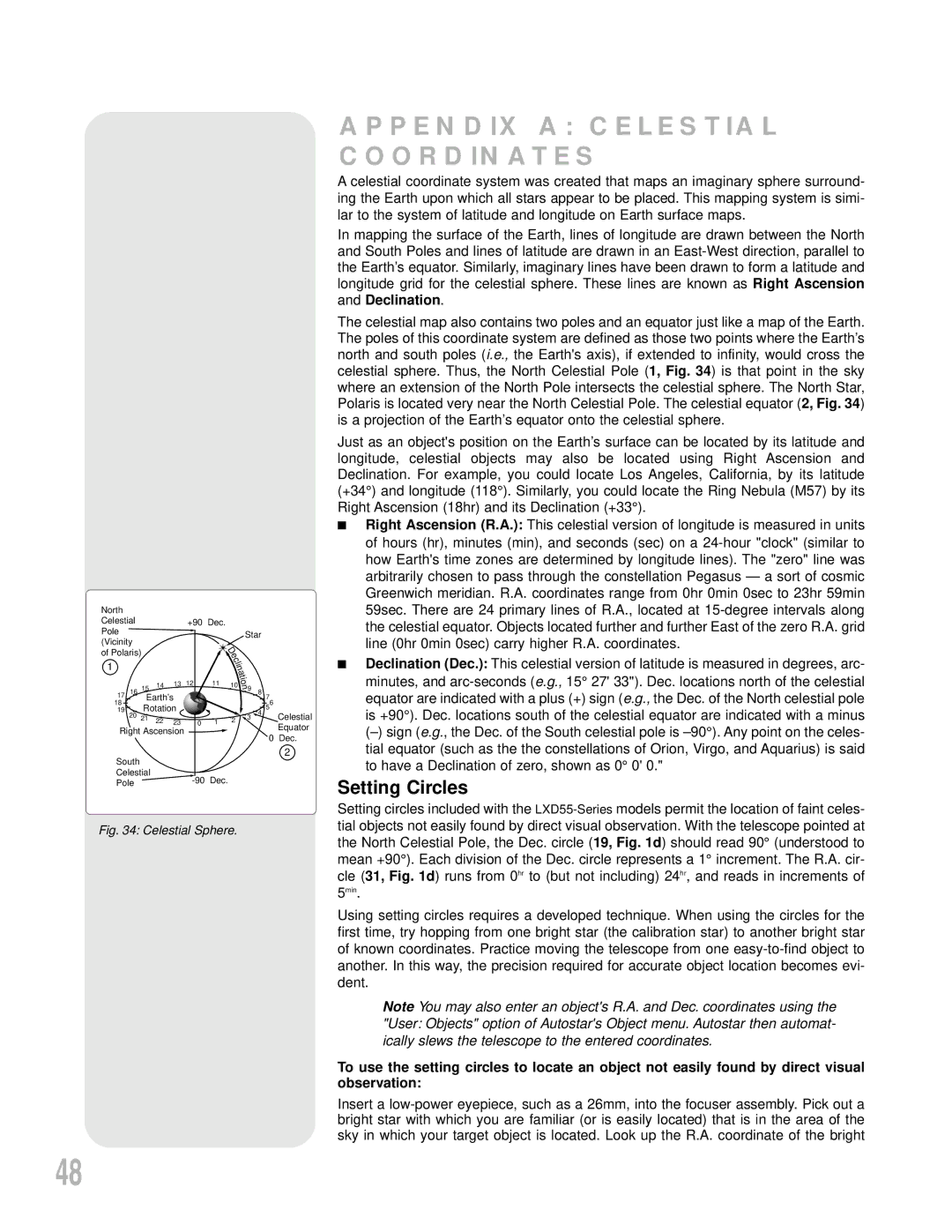 Meade LXD55 instruction manual Appendix a Celestial Coordinates, Setting Circles 