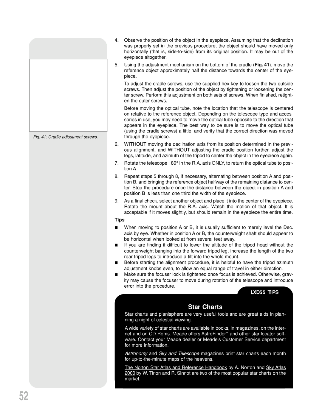 Meade LXD55 instruction manual Star Charts, Tips 