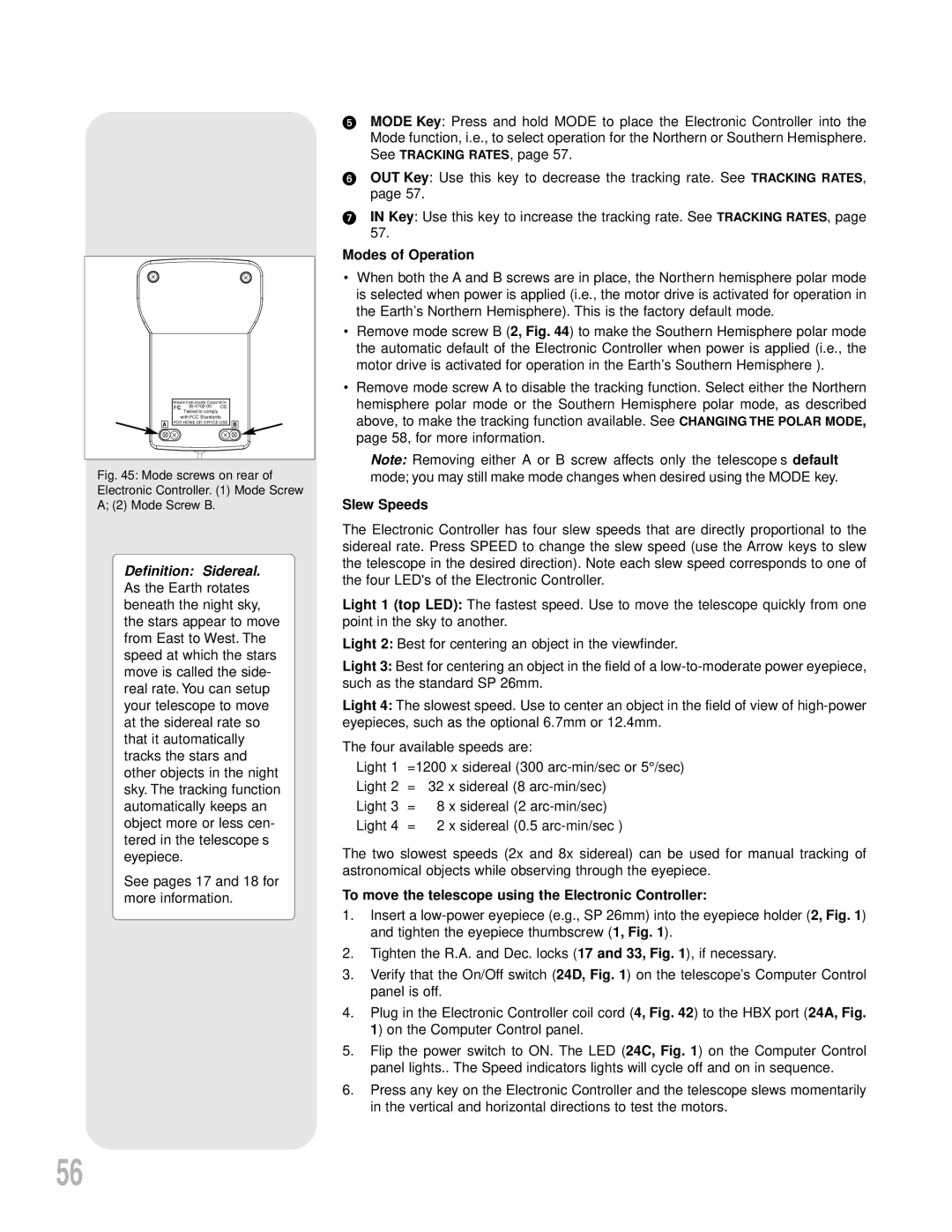 Meade LXD55 instruction manual Modes of Operation, Slew Speeds, To move the telescope using the Electronic Controller 