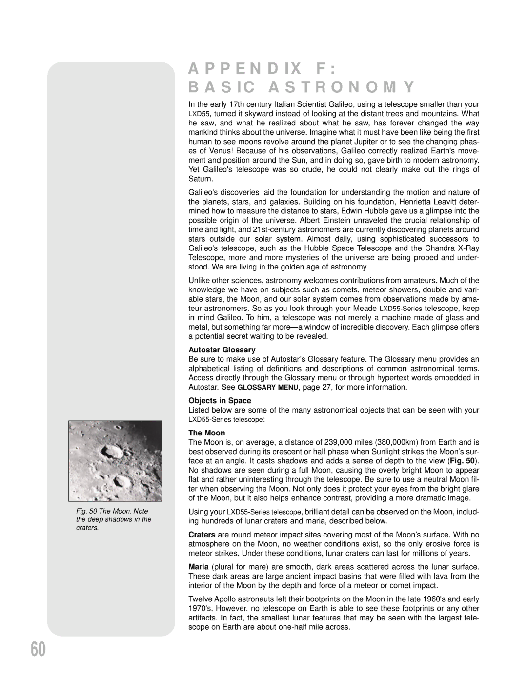 Meade LXD55 instruction manual Appendix F Basic Astronomy, Autostar Glossary, Objects in Space, Moon 