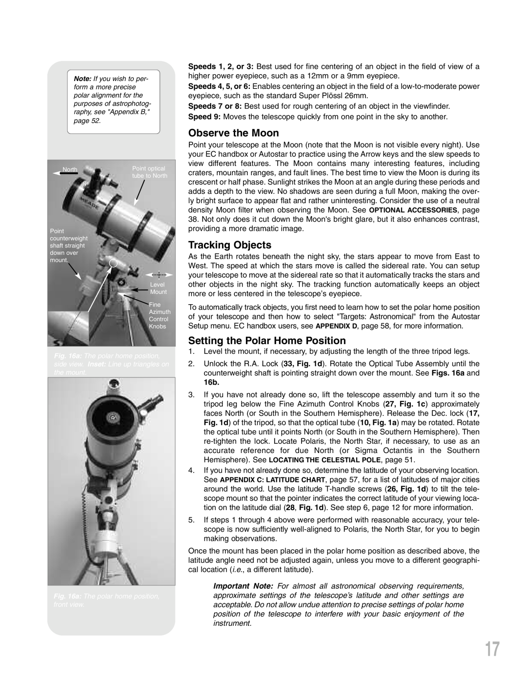 Meade LXD75 instruction manual Observe the Moon, Tracking Objects, Setting the Polar Home Position 