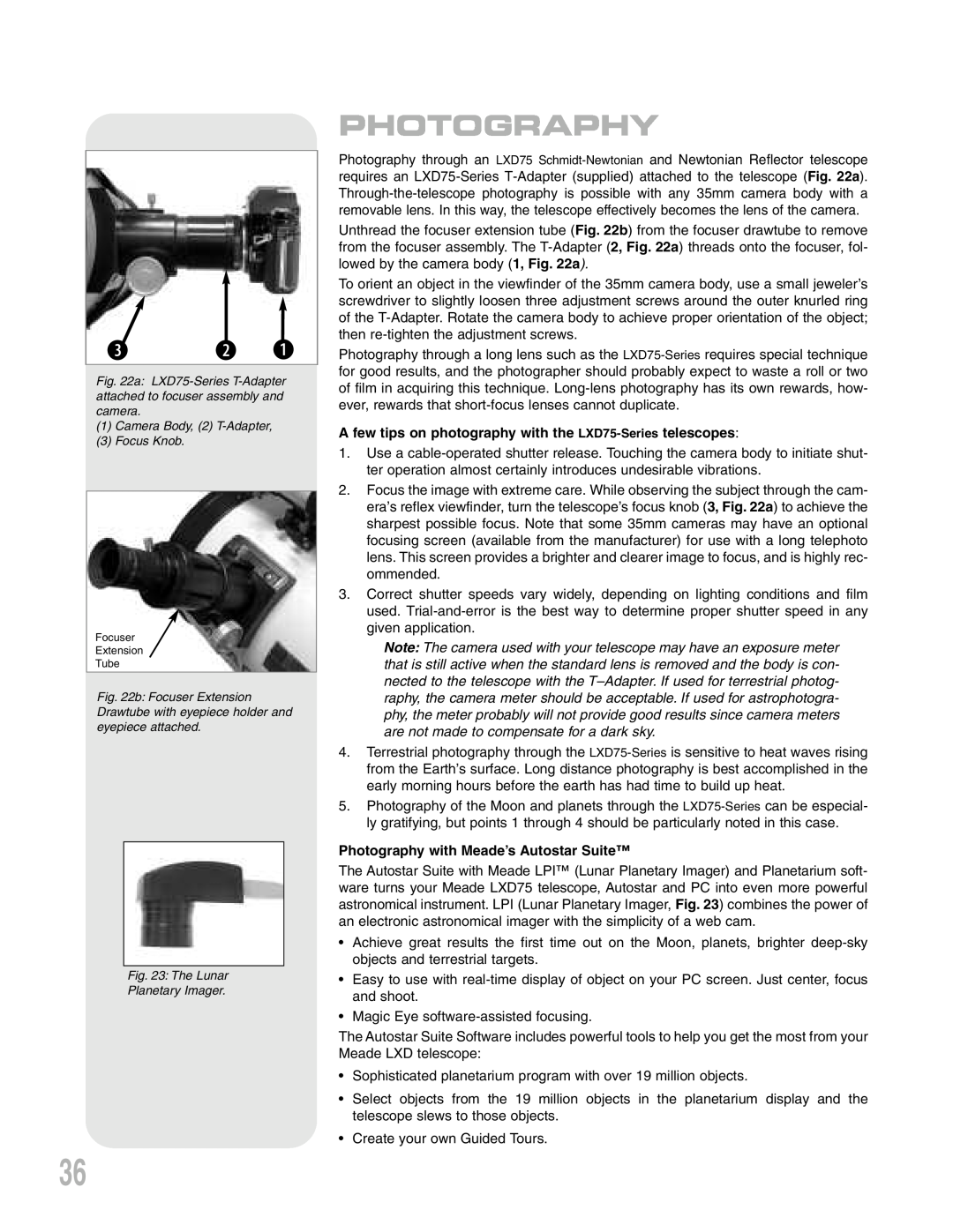 Meade LXD75 instruction manual d C B, Photography 