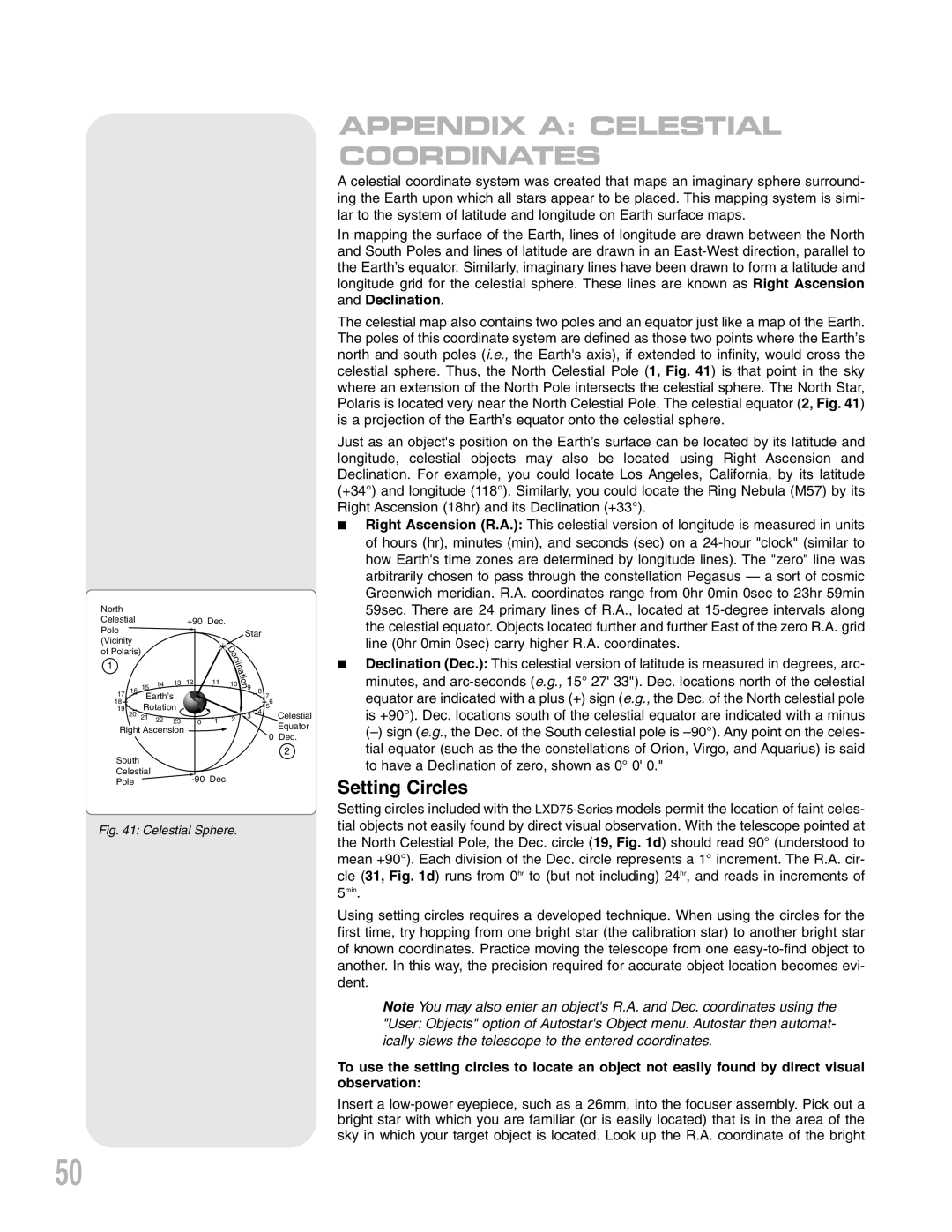 Meade LXD75 instruction manual Appendix A Celestial Coordinates, Setting Circles 