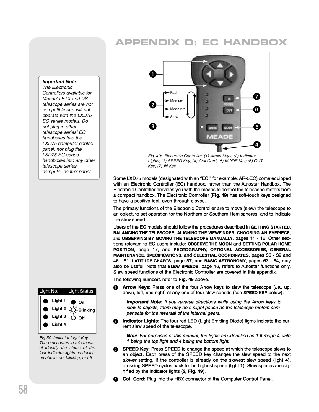Meade LXD75 instruction manual Appendix D Ec Handbox, Important Note, Light No, Light Status 