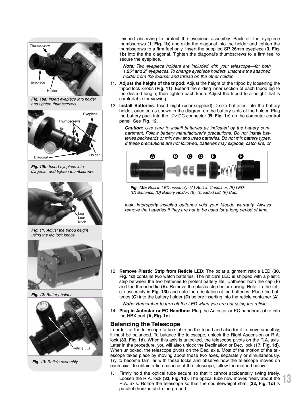 Meade LXD75 instruction manual C D E F, Balancing the Telescope 