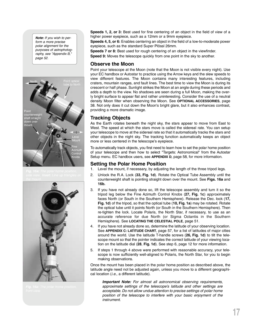 Meade LXD75 instruction manual Observe the Moon, Tracking Objects, Setting the Polar Home Position, 16b 