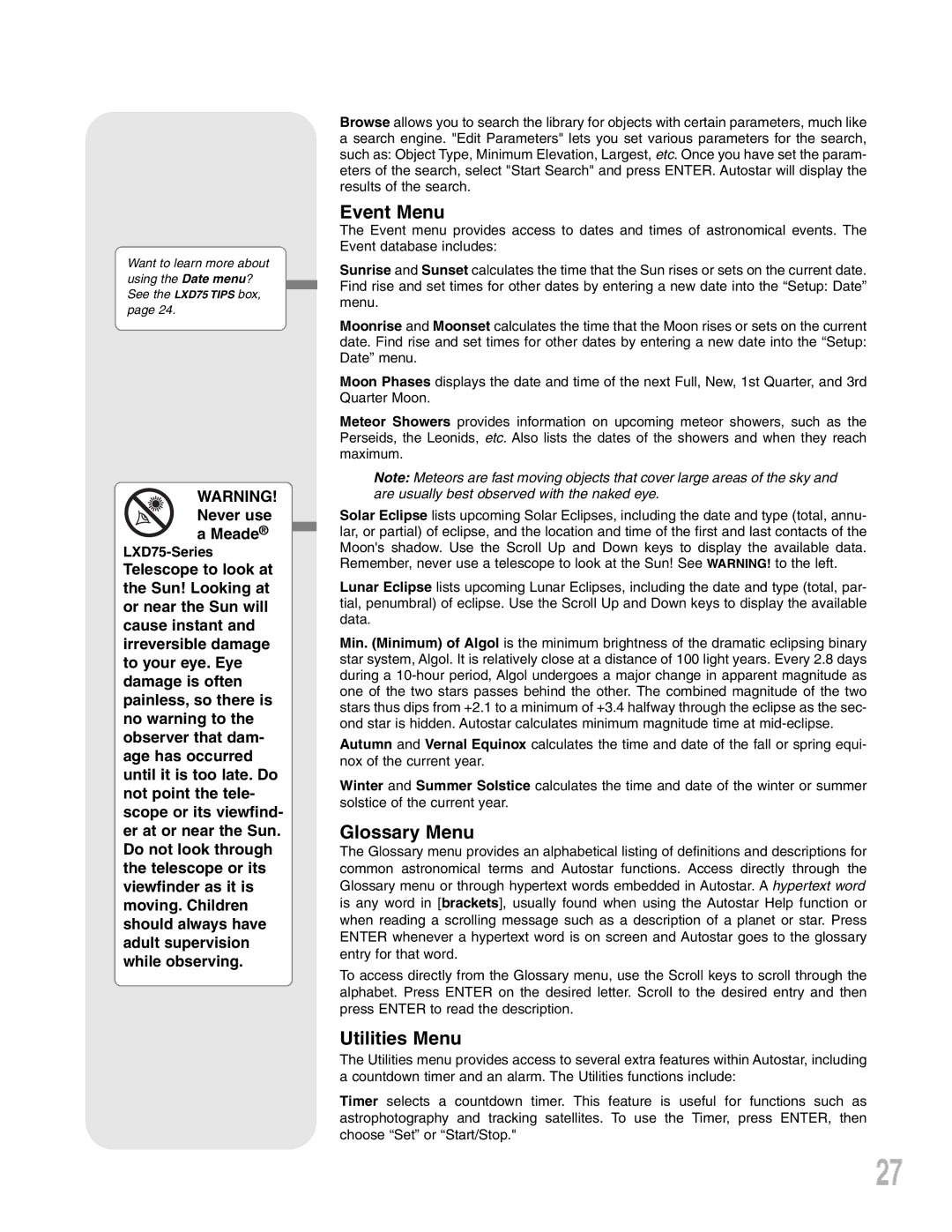 Meade instruction manual Event Menu, Glossary Menu, Utilities Menu, LXD75-Series 