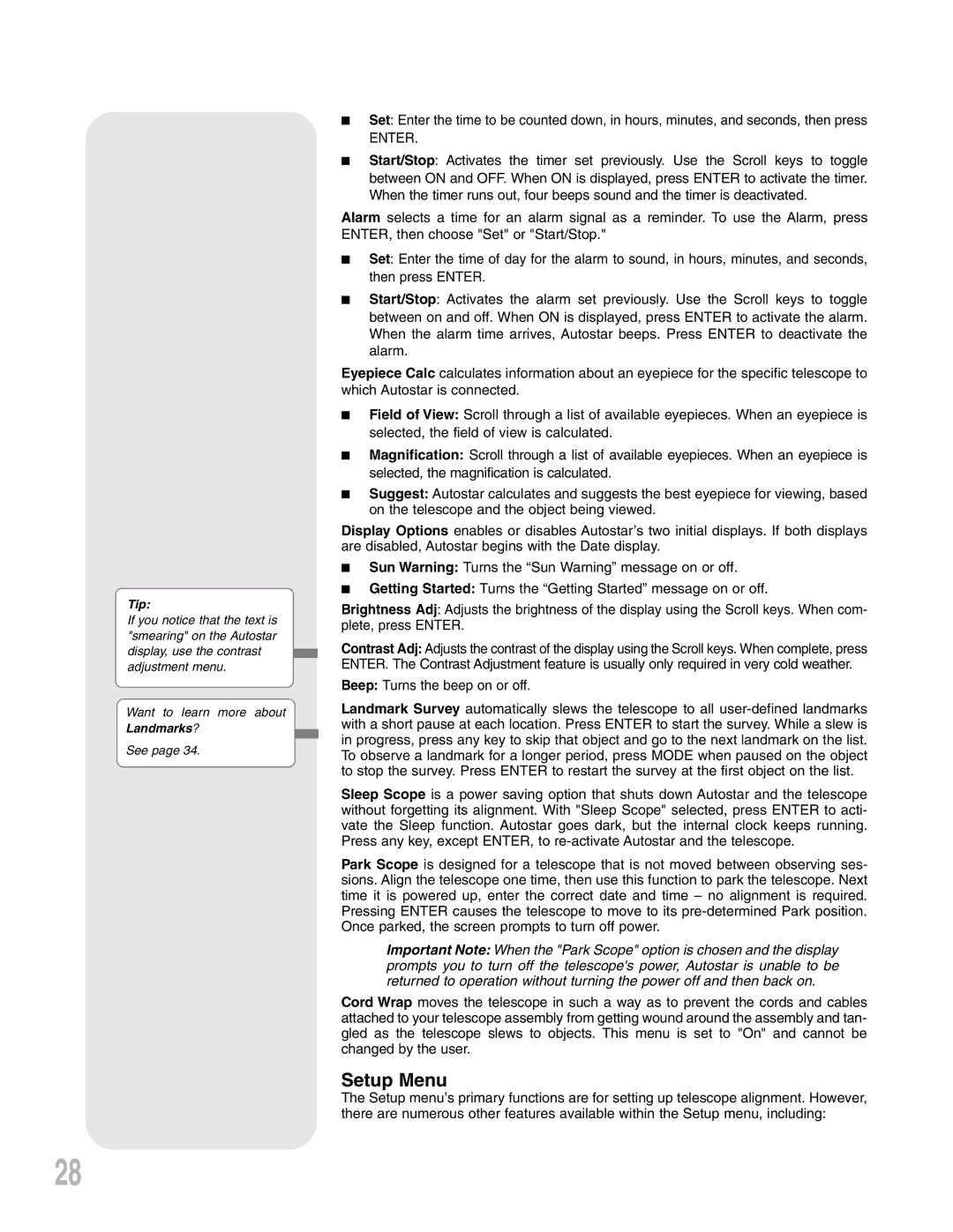 Meade LXD75 instruction manual Setup Menu, Enter 