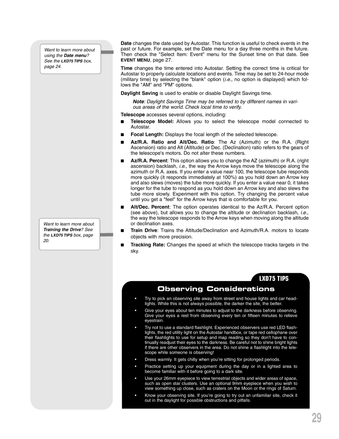 Meade LXD75 instruction manual Observing Considerations 