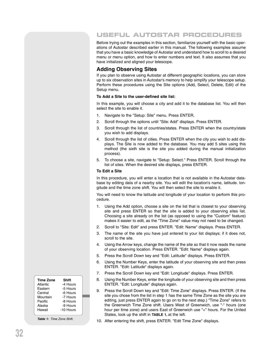 Meade LXD75 instruction manual Adding Observing Sites, To Add a Site to the user-defined site list, To Edit a Site 