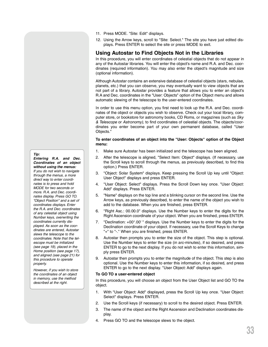 Meade LXD75 instruction manual Using Autostar to Find Objects Not in the Libraries, To GO to a user-entered object 