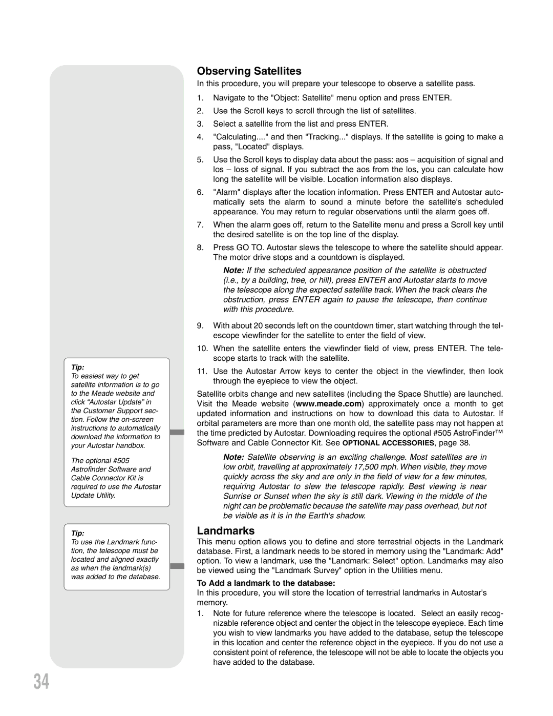 Meade LXD75 instruction manual Observing Satellites, Landmarks, To Add a landmark to the database 