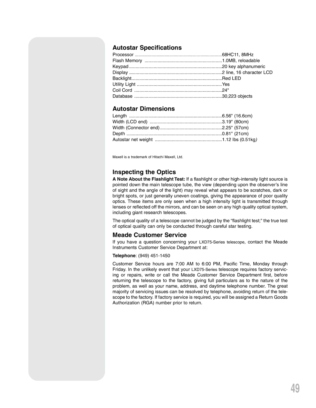 Meade LXD75 instruction manual Autostar Specifications, Autostar Dimensions, Inspecting the Optics, Meade Customer Service 