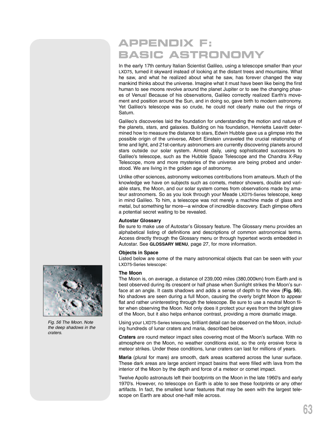 Meade LXD75 instruction manual Appendix F Basic Astronomy, Autostar Glossary, Objects in Space, Moon 