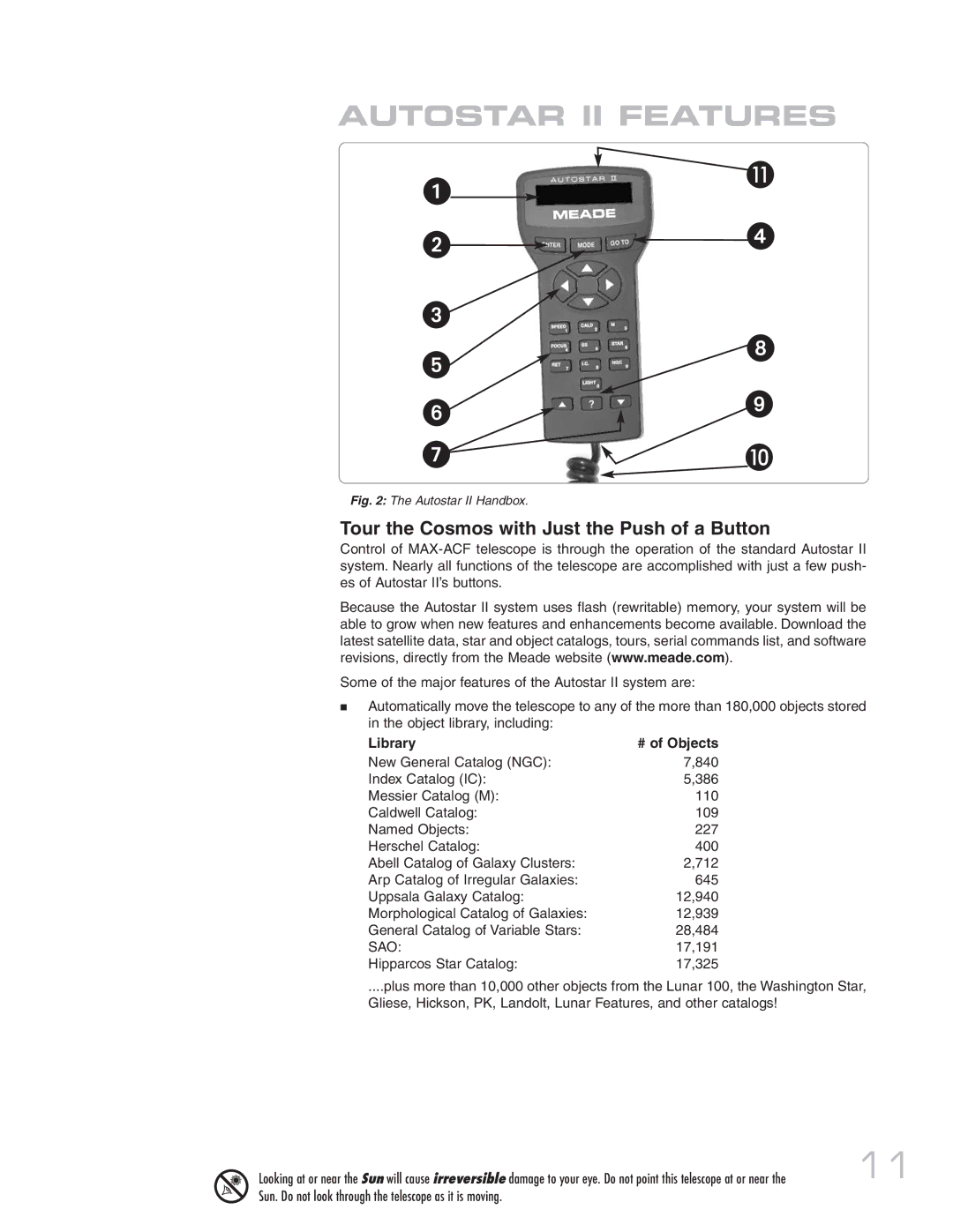 Meade MAX-ACF instruction manual Autostar II Features, Tour the Cosmos with Just the Push of a Button, Library # of Objects 