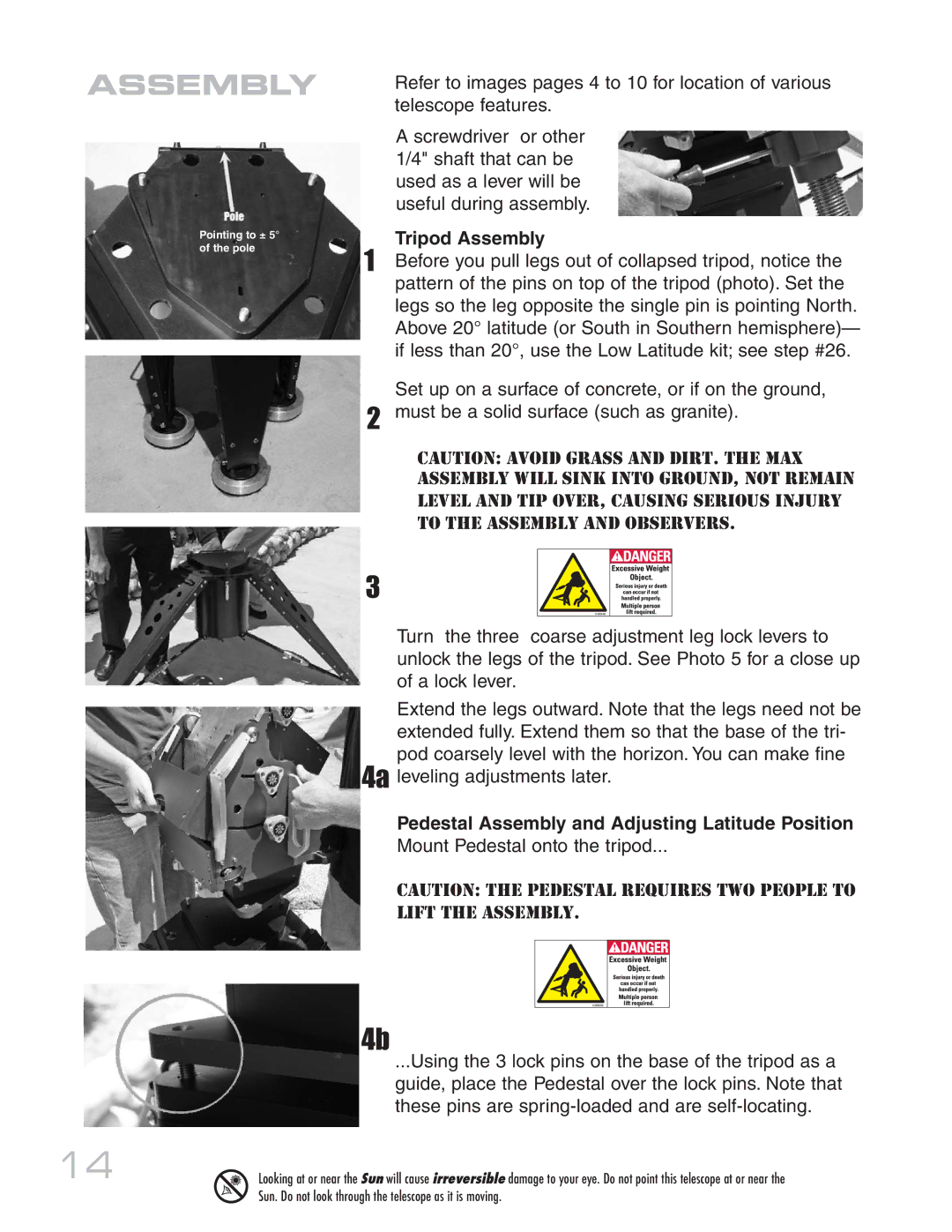 Meade MAX-ACF instruction manual Tripod Assembly, Pedestal Assembly and Adjusting Latitude Position 