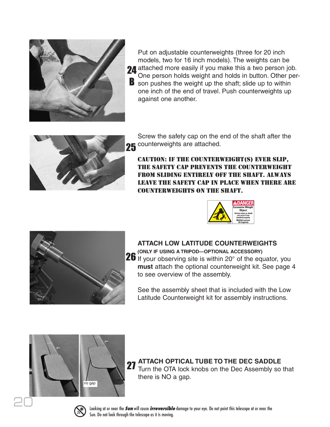 Meade MAX-ACF instruction manual Attach LOW Latitude Counterweights, Attach Optical Tube to the DEC Saddle 