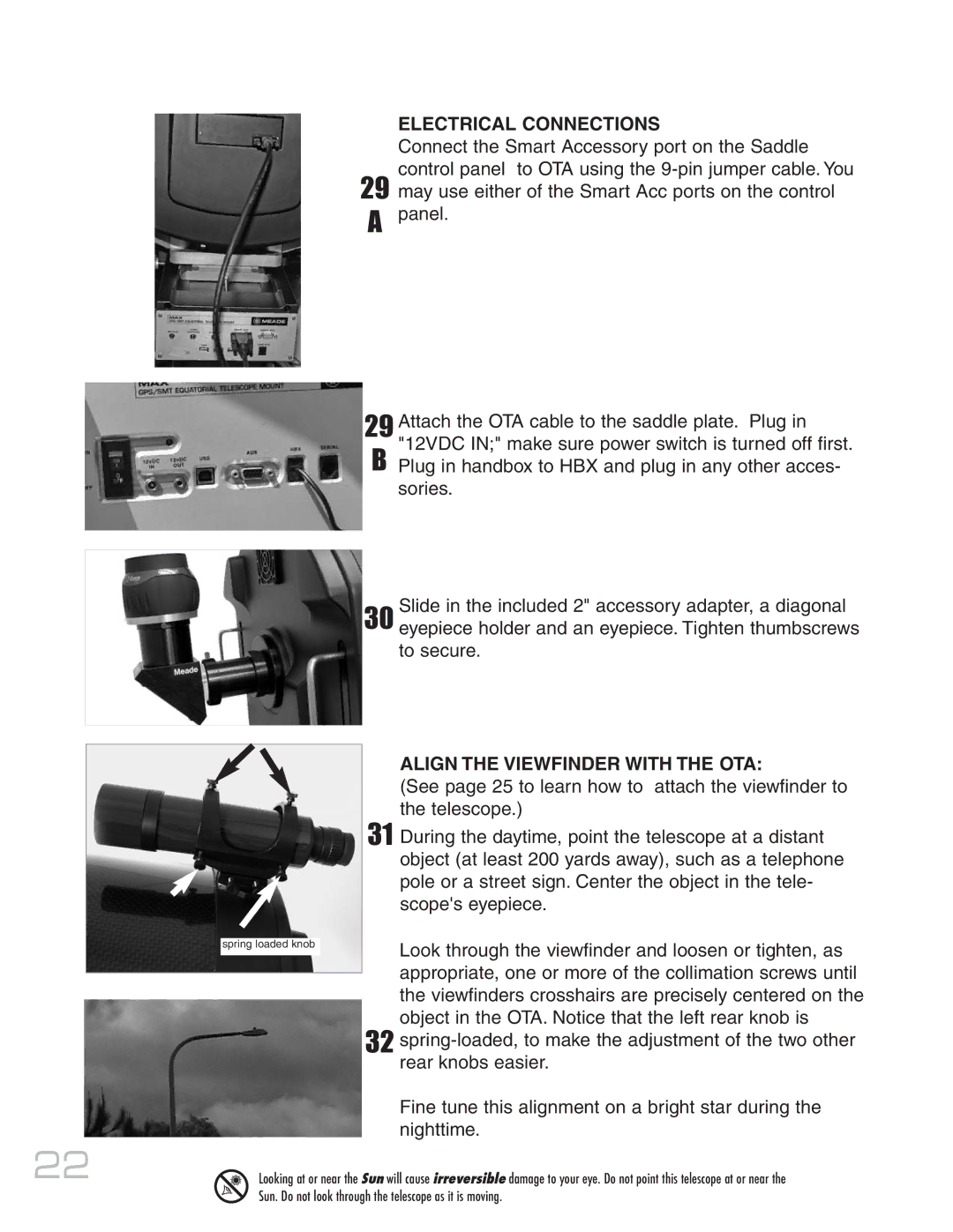 Meade MAX-ACF instruction manual Electrical Connections, Align the Viewfinder with the OTA 