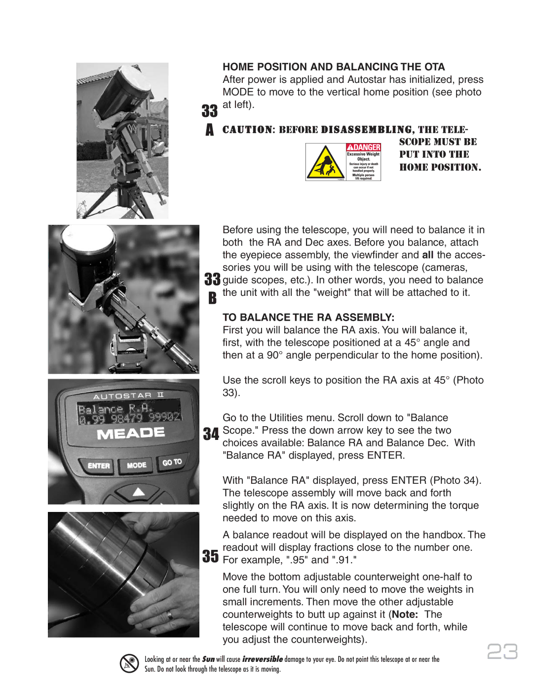 Meade MAX-ACF instruction manual Home Position and Balancing the OTA, To Balance the RA Assembly 