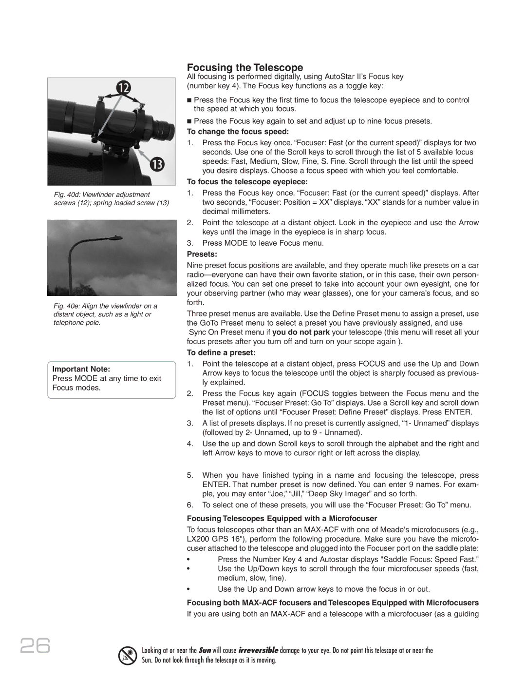 Meade MAX-ACF instruction manual Focusing the Telescope 