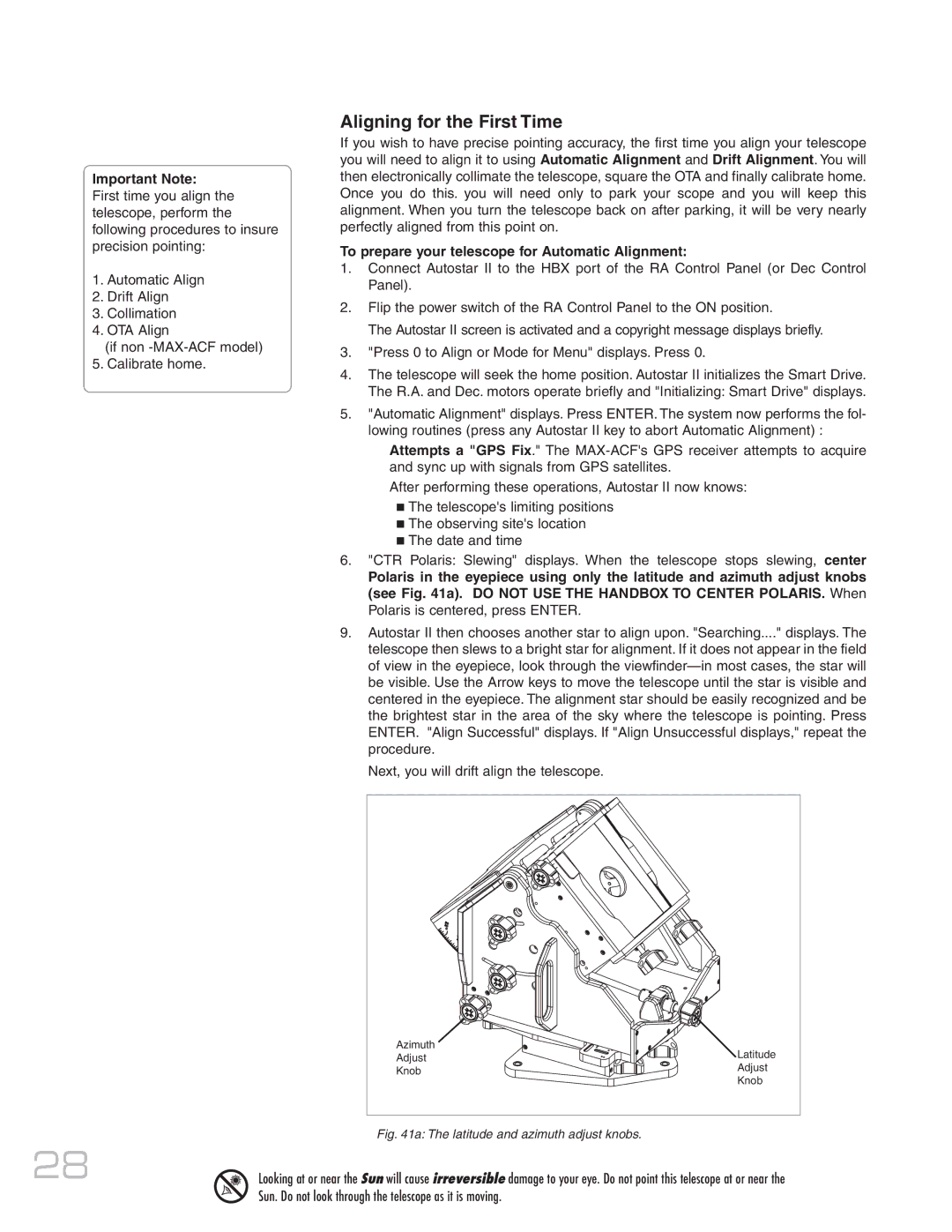 Meade MAX-ACF instruction manual Aligning for the First Time, To prepare your telescope for Automatic Alignment 