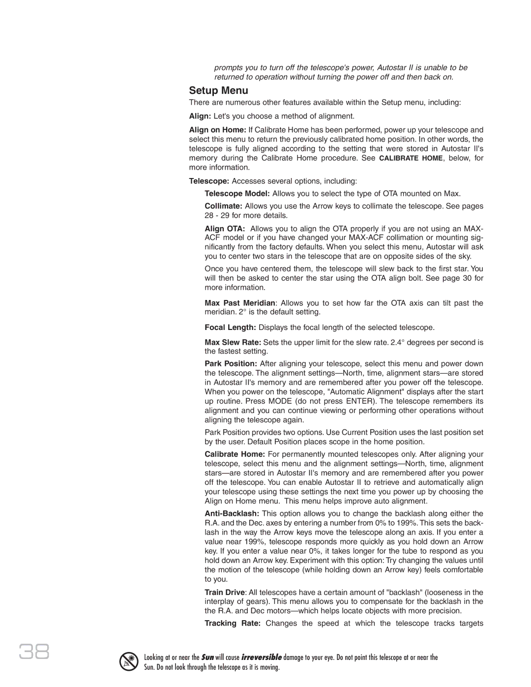 Meade MAX-ACF instruction manual Setup Menu 