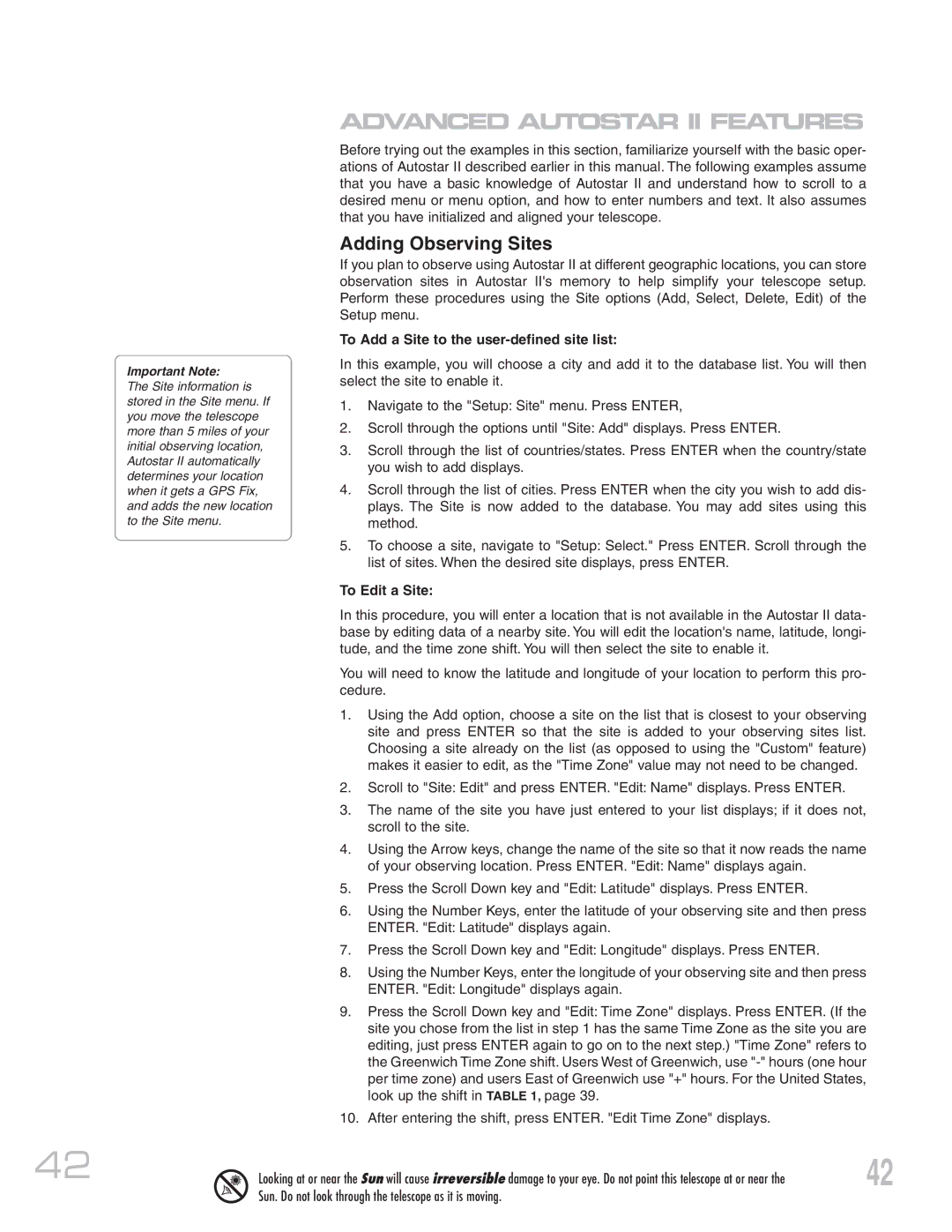 Meade MAX-ACF instruction manual Adding Observing Sites, To Add a Site to the user-defined site list, To Edit a Site 