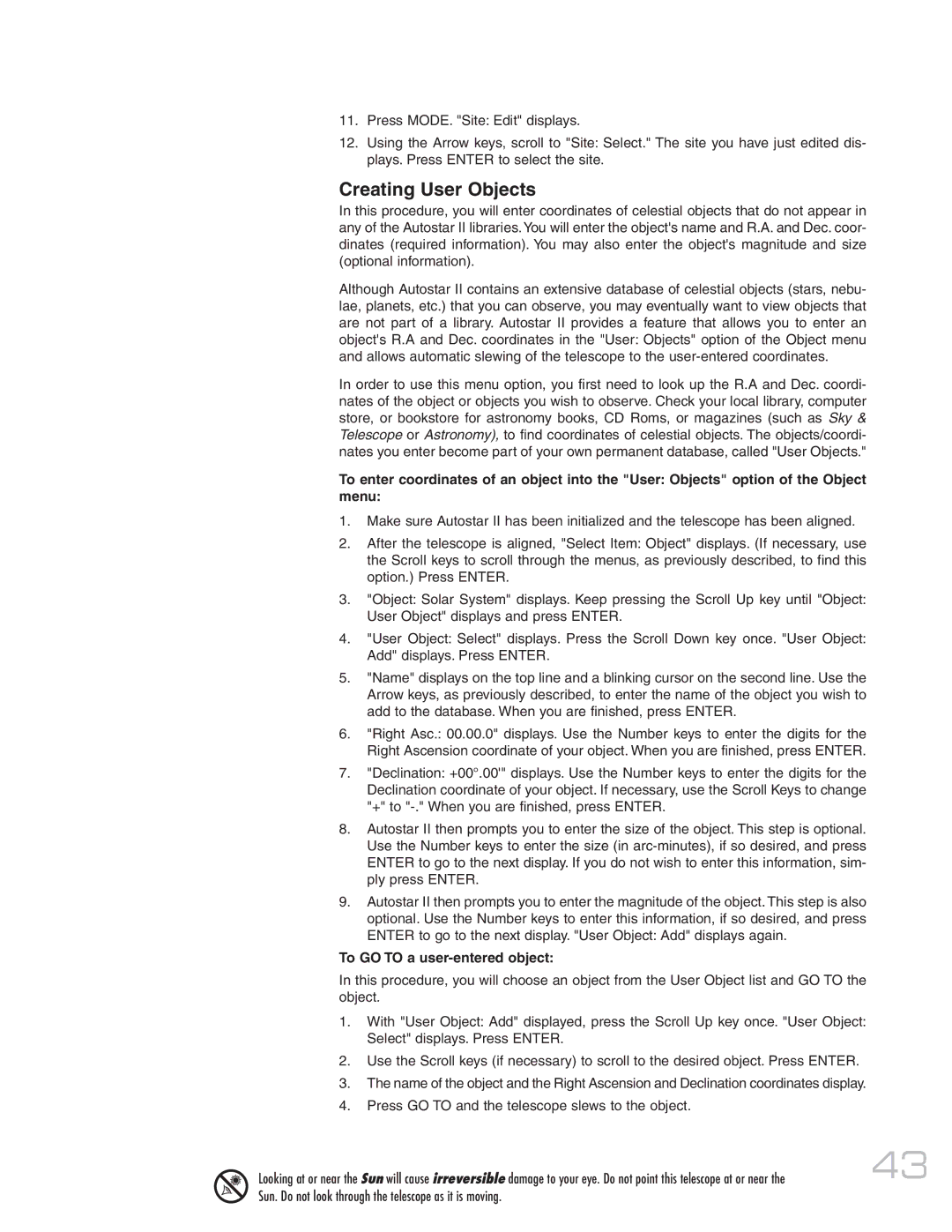 Meade MAX-ACF instruction manual Creating User Objects, To GO to a user-entered object 