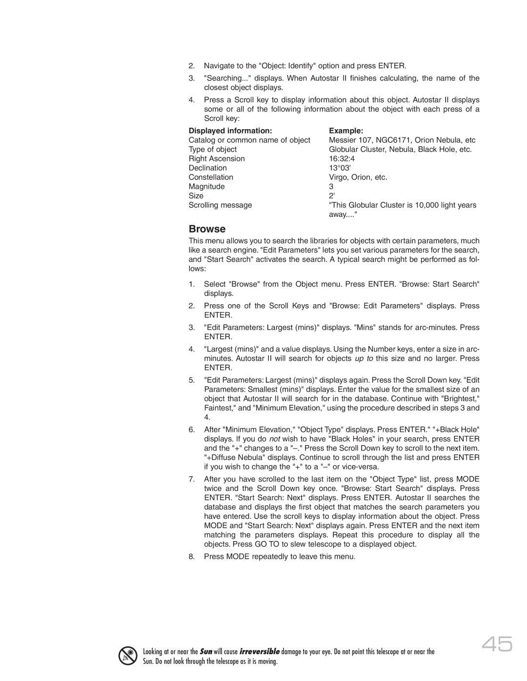 Meade MAX-ACF instruction manual Browse, Displayed information Example 