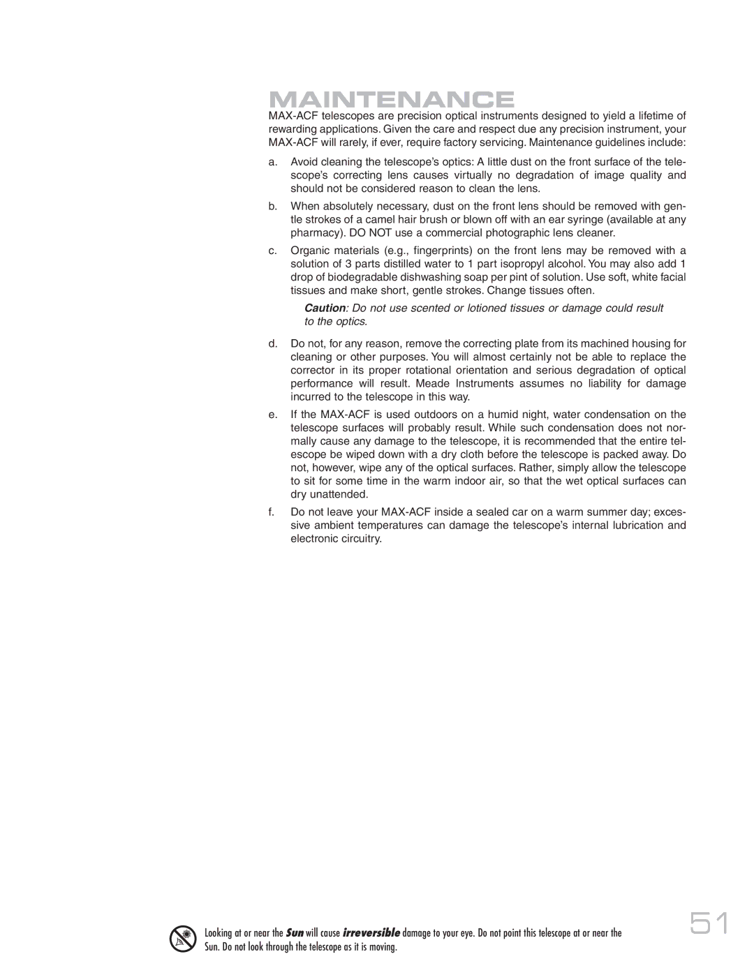 Meade MAX-ACF instruction manual Maintenance 