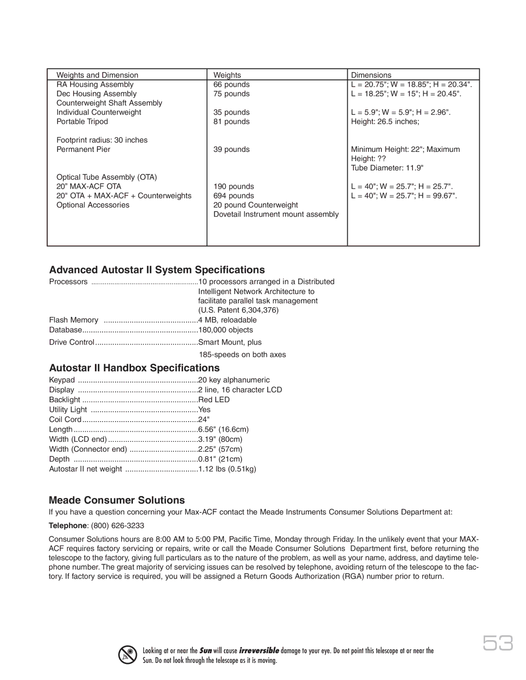 Meade MAX-ACF Advanced Autostar II System Specifications, Autostar II Handbox Specifications, Meade Consumer Solutions 