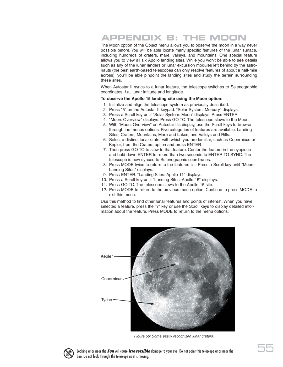 Meade MAX-ACF instruction manual Appendix B the Moon, To observe the Apollo 15 landing site using the Moon option 